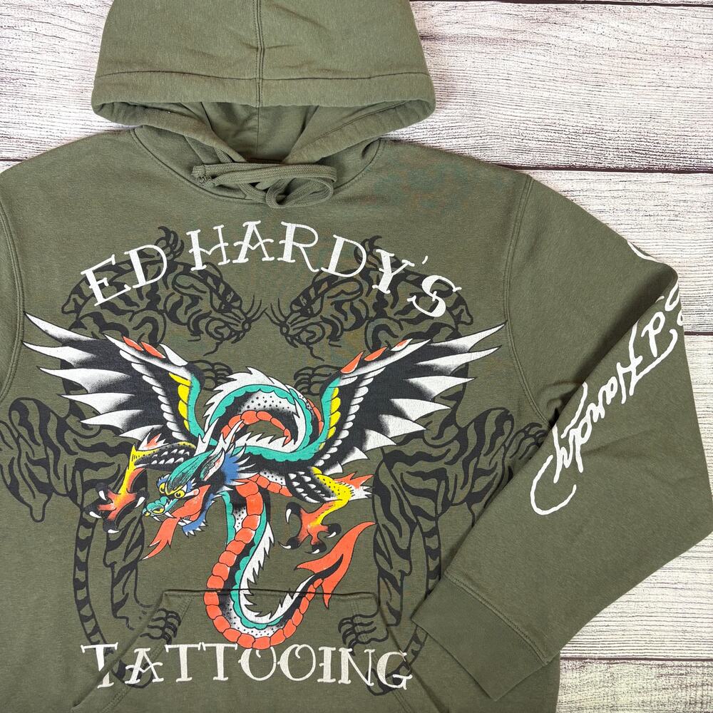 Ed Hardy's Tattooings Green Graphic Double Sided Hoodie